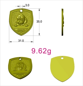 Technical CAD rendering of a shield-shaped bronze pet ID tag with 3D puppy relief