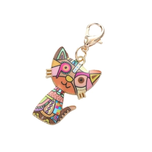 Cute artistic cartoon cat keychain with colorful geometric patterns and gold-tone lobster clasp