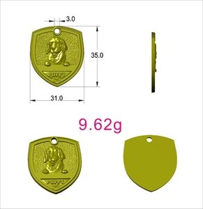 Bronze shield-shaped pet ID tag with golden retriever relief and weight measurements