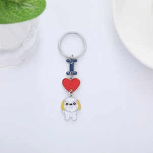 Porte-clés mignon en alliage de zinc avec chiot blanc et pendentif en forme de cœur rouge