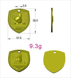 Detailed technical view showing dimensions of golden shield puppy pet tag with engraving