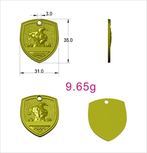 Detail view showing dimensions and weight of the antique bronze shield pet ID tag