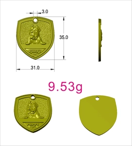 Detailed CAD view showing shield-shaped antique bronze pet tag with bulldog engraving