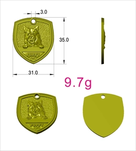 Detailed size specifications for the gold shield-shaped pet ID tag with 3D puppy relief