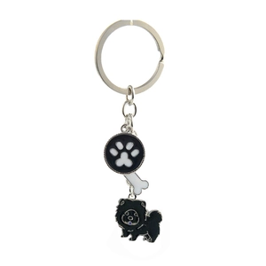 Detailed close-up of a metal pet keychain with paw print, bone, and dog charms