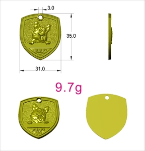 Detailed views of a shield-shaped bronze pet tag with Corgi relief and size dimensions