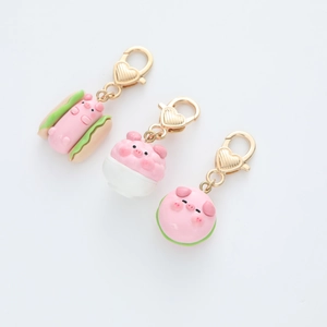 Lot de porte-clés cochon rose mignon avec fermoir mousqueton, designs hot-dog et macaron