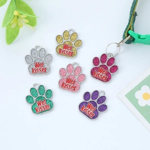 Glitter Paw Print Pet ID Tag Metal Dog Cat Collar Charm Pendant Personalized Identification Jewelry With Wet Kisser Pattern