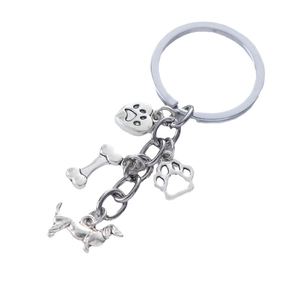 Porte-clés en métal argenté avec teckel, os et pendentifs patte de cœur pour amoureux