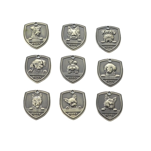 Antique bronze shield-shaped pet ID tags with 9 vintage dog breed relief engravings