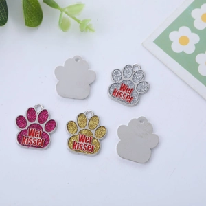 Glitter paw-shaped pet ID tag with Wet Kisser design for dog and cat collars