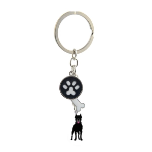Detail of silver metal keychain with paw print, bone charm and Great Dane dog silhouette