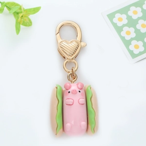 Porte-clés cochon hot-dog créatif avec fermoir cœur doré pour sacs et clés de voiture