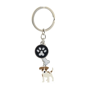Detail of metal keychain with Jack Russell terrier, paw print and bone charms