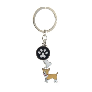 Detailed view of metal pet keychain with paw print, bone charm, and cartoon dog pendant