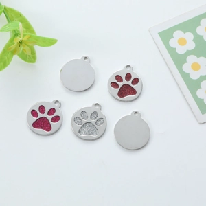 Set di 5 medagliette rotonde in metallo per animali con zampe glitterate e retro lucido