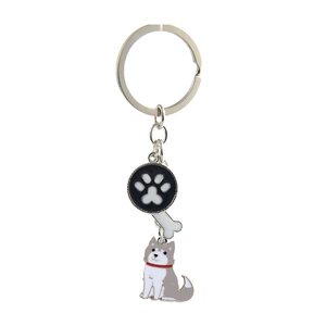 Zinc alloy husky keychain with bone and paw print charms on a silver metal ring