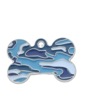 Blue camouflage bone-shaped pet ID tag made of zinc alloy with smooth metallic edges