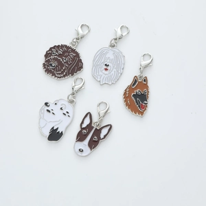 Detailed set of 5 colorful enamel dog breed charms with silver lobster clasps on white base