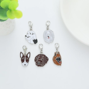 Set of five enamel dog breed charms with silver lobster clasps for bags and keychains