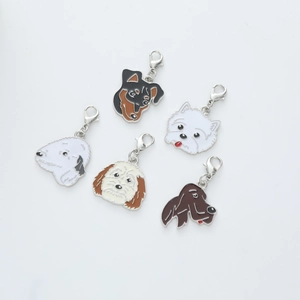 Set of five cartoon dog head charms with silver lobster clasps for keychains