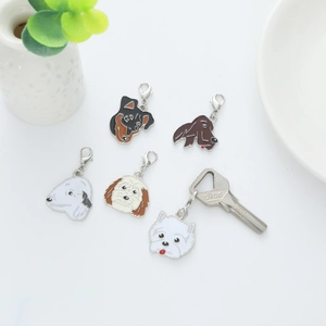 Set of 5 enamel dog head charms with lobster clasps for keys and bags decoration