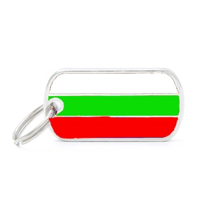 Detailed macro view of Bulgaria flag metal dog tag with durable polished silver keyring