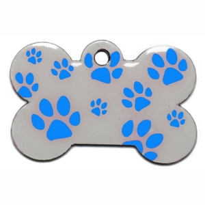 Bone-shaped pet ID tag with blue paw prints on polished silver stainless steel