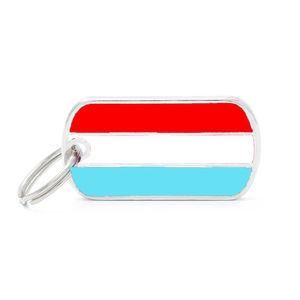 Detailed view of the Luxembourg flag enamel dog tag with durable metal ring connector