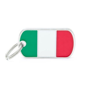 Detailed macro view of Italy flag rectangular metal pet tag with shiny silver keyring