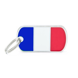 Detailed macro shot of rectangular French flag dog tag with silver zinc alloy frame