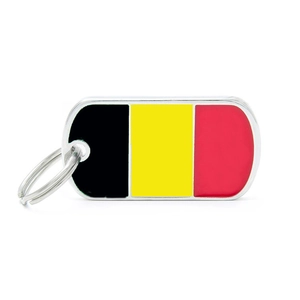 Detailed close-up of a rectangular zinc alloy pet ID tag with Belgium flag enamel finish