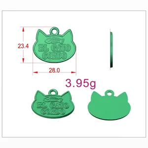 Green cat head ID tag with El Gato Gordo text and fish bone pattern, size 28x23.4mm, weight 3.95g