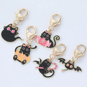 Porte-clés Halloween Chat Noir Crâne Femme Bijou de Sac Alliage Émail Fermoir Cœur Accessoire Citrouille Chauve-souris