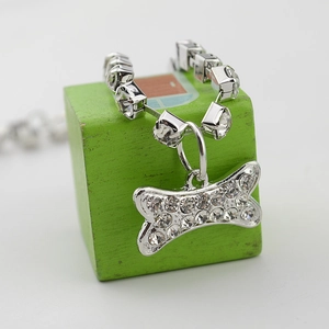 Macro detail of silver pet collar with sparkling crystal rhinestones and bone pendant
