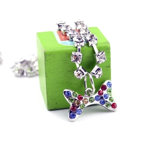 Detail of silver pet collar with rhinestone bone pendant and colorful crystal studs