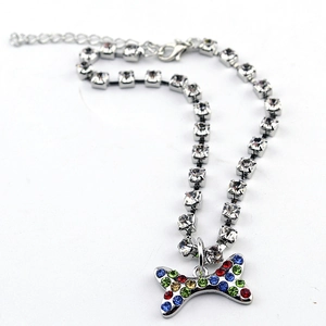 Sparkly crystal pet collar with a colorful rhinestone bone pendant and silver chain
