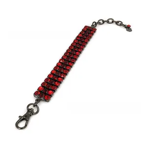 Three-row red crystal pet necklace with gun-black metal chain and heart charm detail