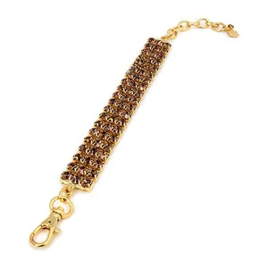 Detailed macro view of the gold-plated rhinestone pet collar with brown crystal rows