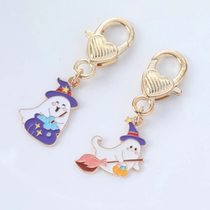 Cute Halloween ghost enamel charms with purple cauldron and pumpkin lamp on gold heart clips