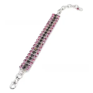 Detailed view of triple-row crystal pet necklace with pink and grey gems and heart charm
