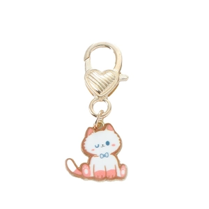 Cute cartoon cat enamel keychain with golden heart clasp and pink details for gift