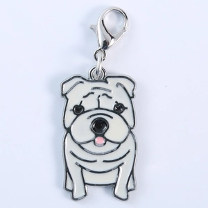 Detail of bulldog enamel pendant with a silver lobster clasp for keyrings and bags
