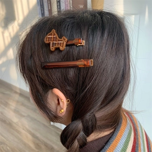 Détail de pinces à cheveux en acétate ambre sur une coiffure avec tresse