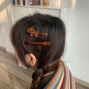 Vue détaillée du set de barrettes à cheveux en acétate fait main avec motif chien