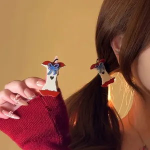Creative apple core hair claw clip with blue plaid bow hair accessory for women