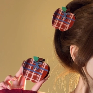 Korean Vintage Red Plaid Apple Hair Claw Clip Cute Resin Bow Lattice Hairpin Sweet Fruit Shark Clip For Women Girls Daily Styling