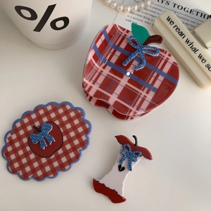 Vintage red plaid apple hair claw clip set with blue bow accent for women and girls