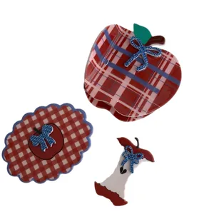 Vintage red plaid apple hair claw clips set with blue polka dot bows for women