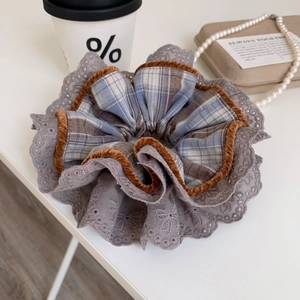 Premium vintage plaid scrunchie with grey lace trim and velvet edges for women